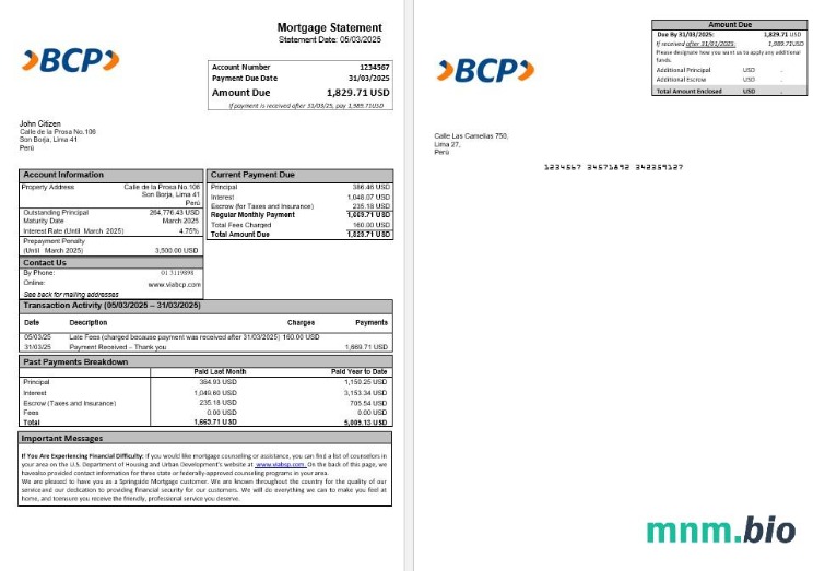 Peru Banco de Credito (BCP) wyciąg z kredytu hipotecznego w formatach Word i PDF